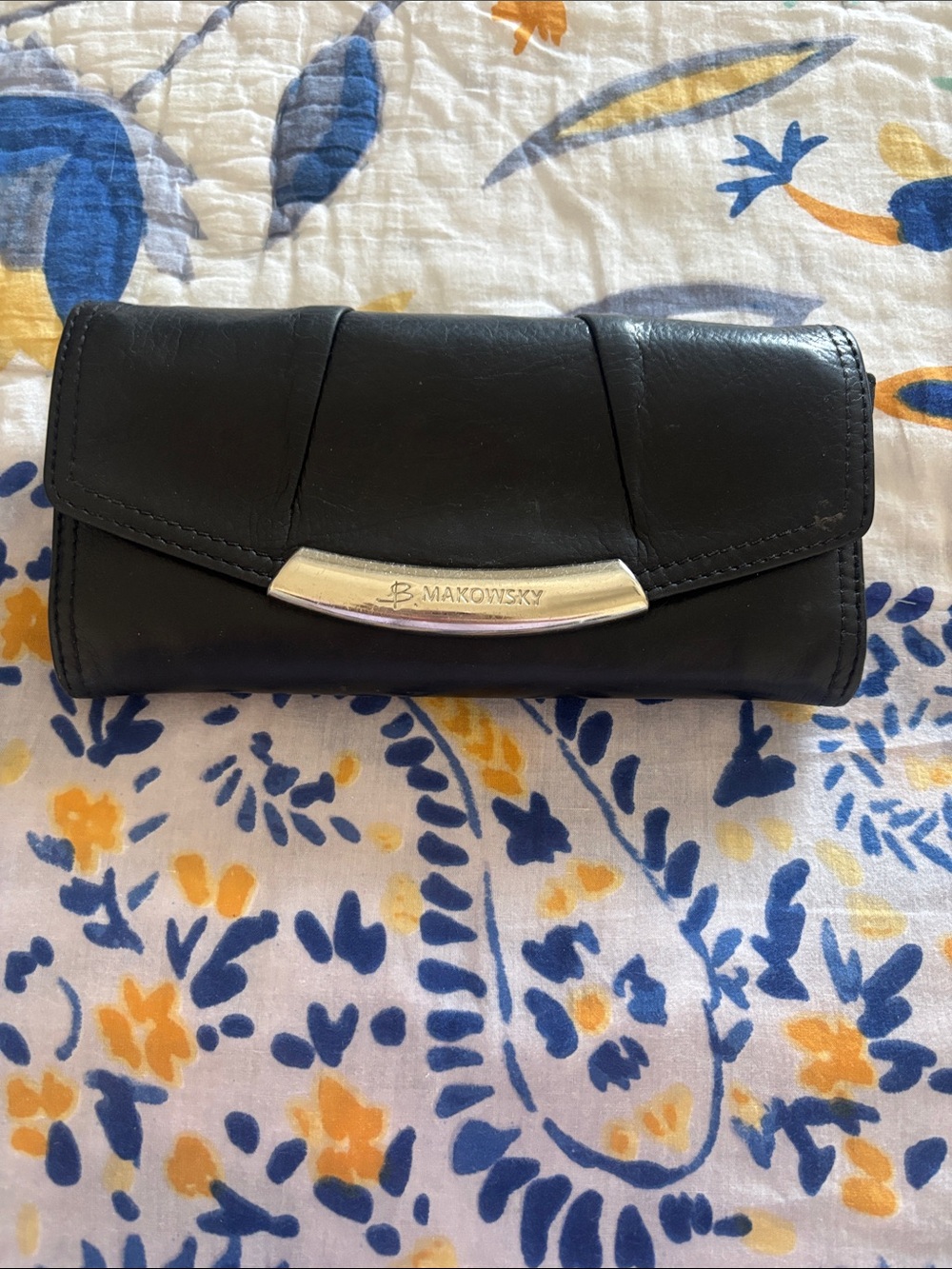 b. makowsky Black Leather Wallet with Silver-Tone Accent